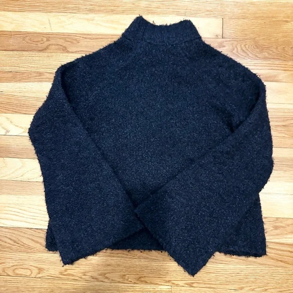 ULLA JOHNSON Amina Sweater Mock Neck Bell Sleeve Navy Blue Wool Cashmere